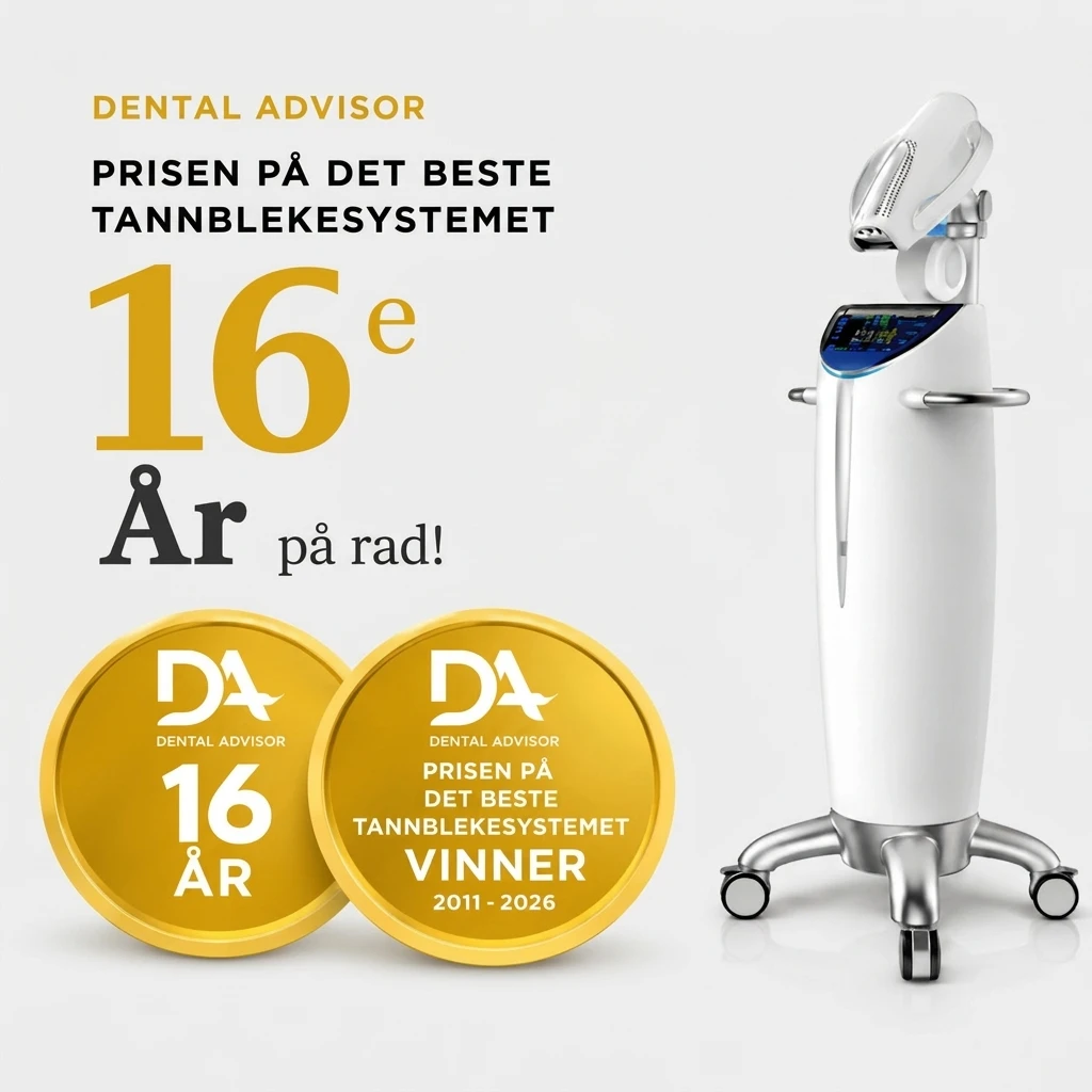 Et profesjonelt, hvitt tannblekingsapparat på hjul vist ved siden av to gullmedaljer fra Dental Advisor, som kårer apparatet til vinner av prisen for beste tannblekesystem 16 år på rad fra 2011 til 2026.