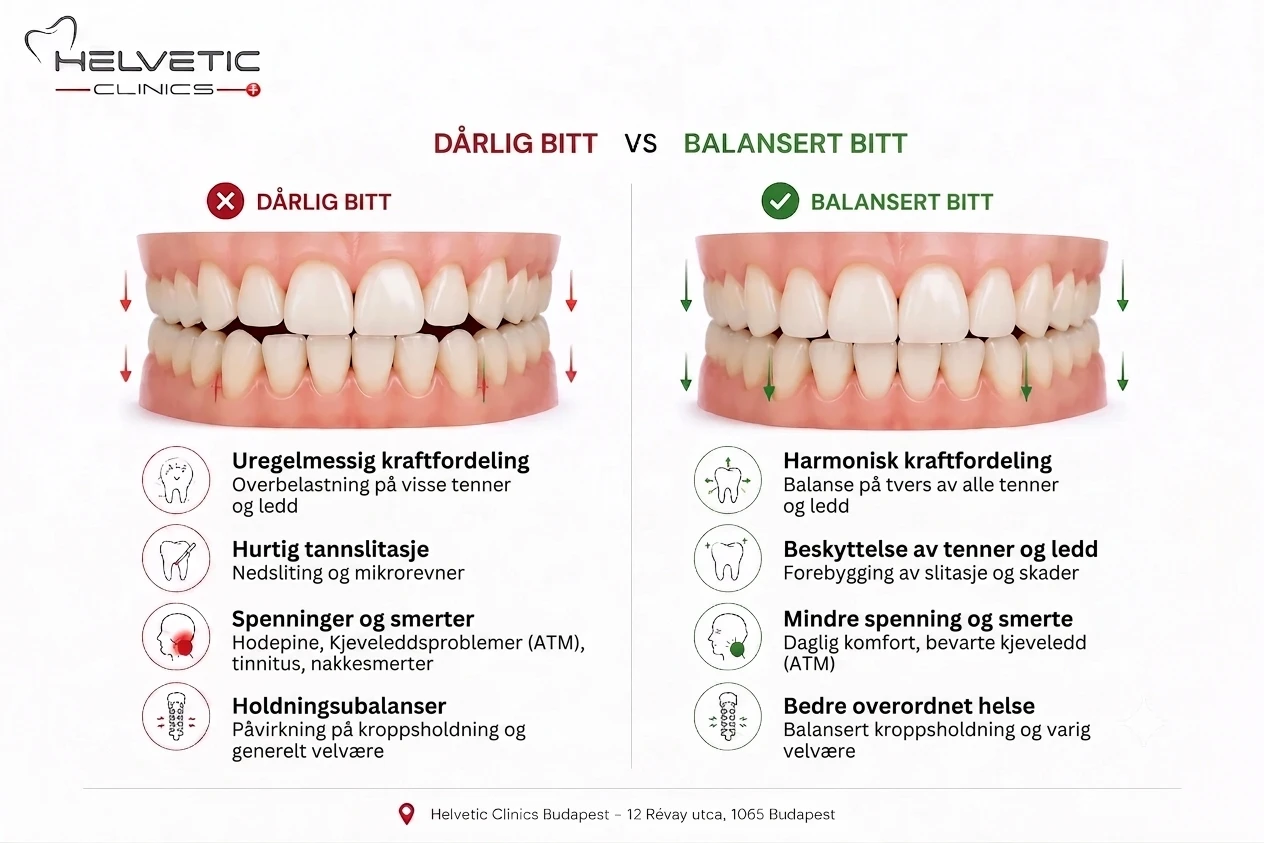 Infografikk fra Helvetic Clinics Budapest som sammenligner konsekvensene av et dårlig bitt med fordelene ved et balansert bitt. Et dårlig bitt er illustrert med uregelmessig kraftfordeling, hurtig tannslitasje, spenninger i kjeveledd og holdningsubalanser. Et balansert bitt illustreres med harmonisk kraftfordeling, beskyttelse av tenner og ledd, mindre spenning og bedre overordnet helse.