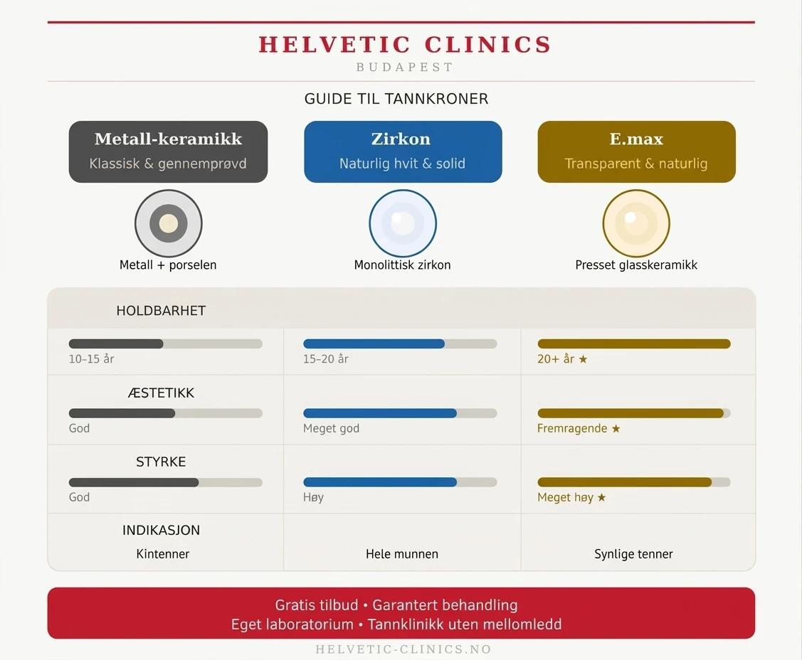 Infografikk fra Helvetic Clinics som sammenligner tre typer tannkroner: metall-keramikk, zirkon og E.max. Guiden viser en oversikt over egenskaper som holdbarhet (målt i år), æstetikk og styrke, samt indikasjoner for bruk for hvert materiale. Metall-keramikk er beskrevet som klassisk og gjennomprøvd, zirkon som naturlig hvit og solid, og E.max som transparent og naturlig. Nederst vises informasjon om klinikkens fordeler, inkludert eget laboratorium, gratis tilbud og garantert behandling.