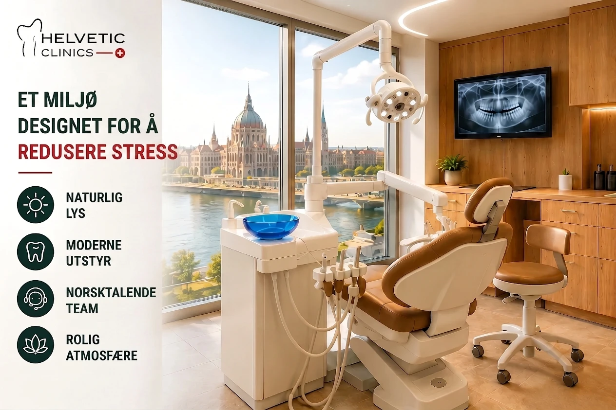Et lyst og moderne tannlegekontor hos Helvetic Clinics med panoramautsikt mot elven og den ungarske parlamentsbygningen i Budapest. Rommet inneholder en moderne tannlegestol, treinnredning og en skjerm som viser et røntgenbilde. Teksten i bildet fremhever et miljø designet for å redusere stress, og lister opp fire fordeler: naturlig lys, moderne utstyr, et norsktalende team og en rolig atmosfære.