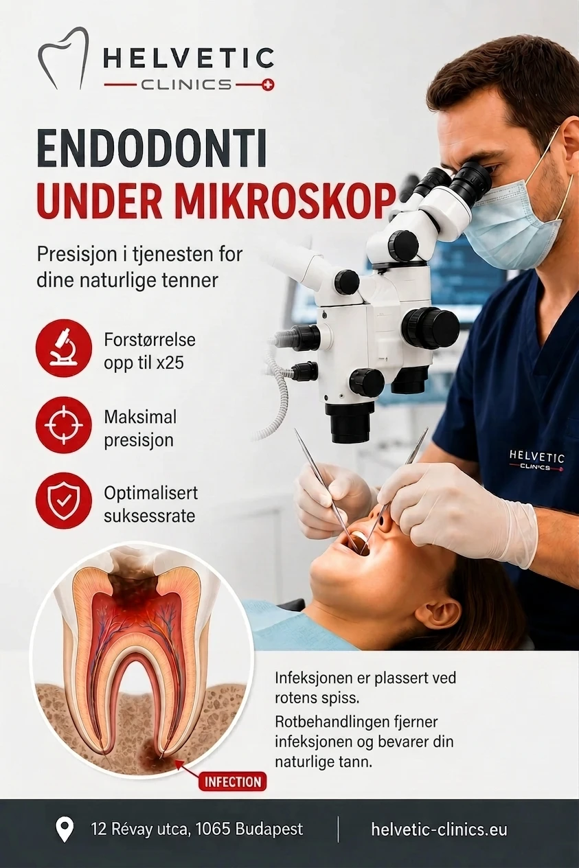Plakat fra Helvetic Clinics i Budapest som markedsfører endodonti (rotbehandling) under mikroskop. Bildet viser en tannlege som bruker et avansert tannlege-mikroskop for å behandle en pasient, med mål om maksimal presisjon og en optimal suksessrate for å bevare pasientens naturlige tenner. Teksten på plakaten fremhever forstørrelse opp til 25 ganger og maksimal nøyaktighet. En tverrsnittstegning av en tann viser tydelig en infeksjon plassert ved rotspissen, med en forklaring på hvordan rotbehandlingen fjerner infeksjonen. Kontaktinformasjon for klinikken i Budapest er oppgitt nederst.