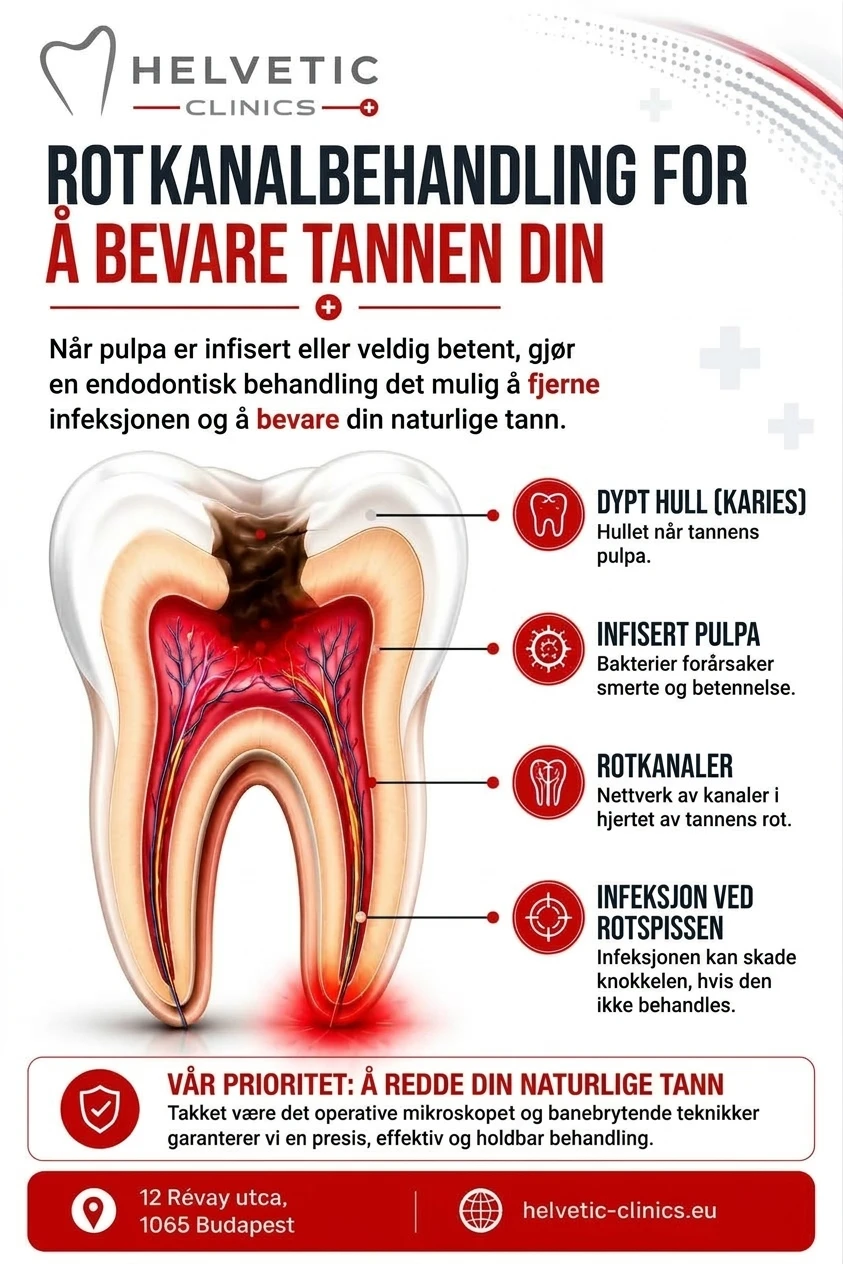 Informasjonsgrafikk fra Helvetic Clinics som forklarer rotkanalbehandling (endodontisk behandling) for å bevare en naturlig tann. Illustrasjonen viser et tverrsnitt av en infisert tann og peker på fire hovedområder: et dypt hull (karies) som når pulpa, infisert pulpa som forårsaker smerte og betennelse, rotkanaler i hjertet av roten, og en infeksjon ved rotspissen som kan skade knokkelen hvis den ikke behandles. Grafikken fremhever klinikkens bruk av operative mikroskop for presis behandling, og inkluderer adresseinformasjon for klinikken i Budapest.