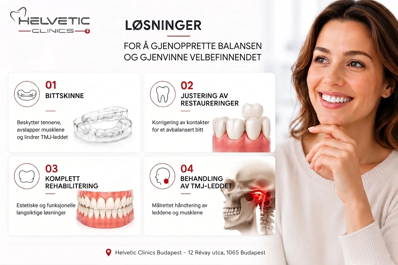 Infografikk fra Helvetic Clinics Budapest som viser fire løsninger for bittkorrigering og kjevebehandling: bittskinne, justering av tannrestaureringer, komplett rehabilitering og behandling av TMJ-leddet.