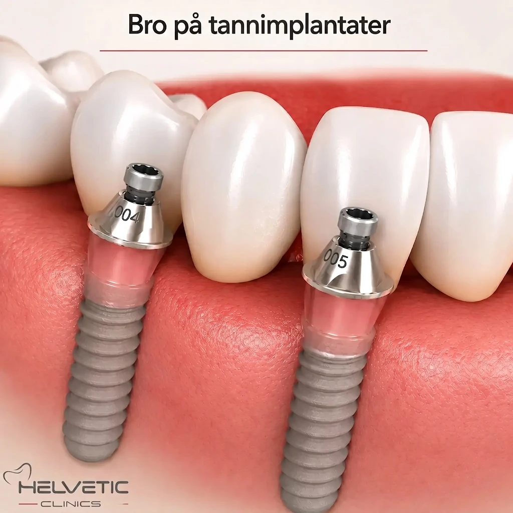 3D-illustrasjon av en tannbro med tre hvite kroner som festes på to tannimplantater av titan i tannkjøttet. Bildet inneholder teksten 'Bro på tannimplantater' øverst og logoen til Helvetic Clinics nederst til venstre.