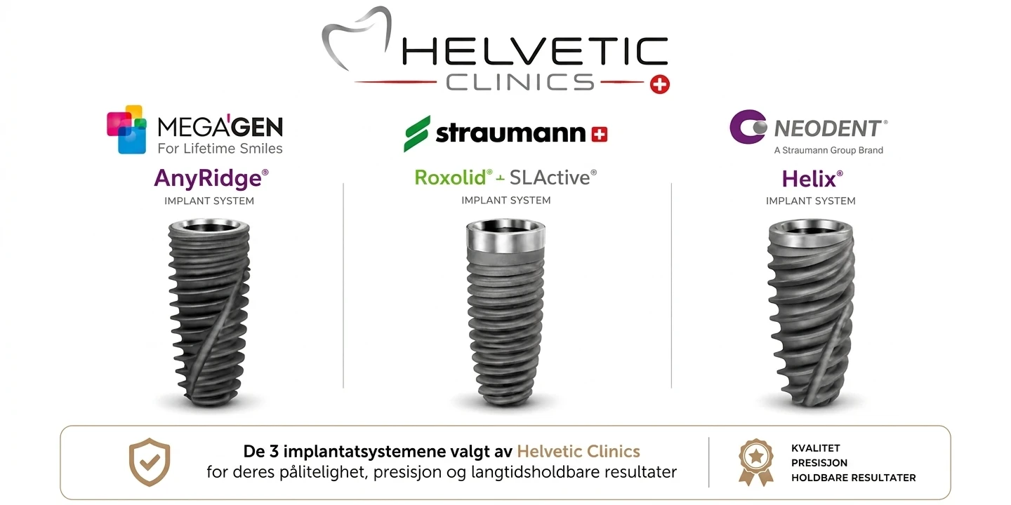 Tannimplantatsystemer valgt av Helvetic Clinics: MegaGen AnyRidge, Straumann Roxolid SLActive og Neodent Helix for pålitelighet, presisjon og langvarige resultater.