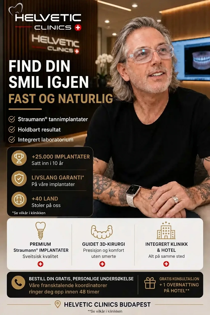 Annonse fra Helvetic Clinics Budapest for Straumann® tannimplantater, med et bilde av en smilende mann og teksten 'Find din smil igjen fast og naturlig'. Annonsen fremhever over 25 000 satte implantater, livslang garanti, pasienter fra 40+ land, guidet 3D-kirurgi, og et integrert klinikk- og hotellkompleks med norkstalende koordinatorer. Tilbud om gratis konsultasjon og 1 overnatting på hotell.