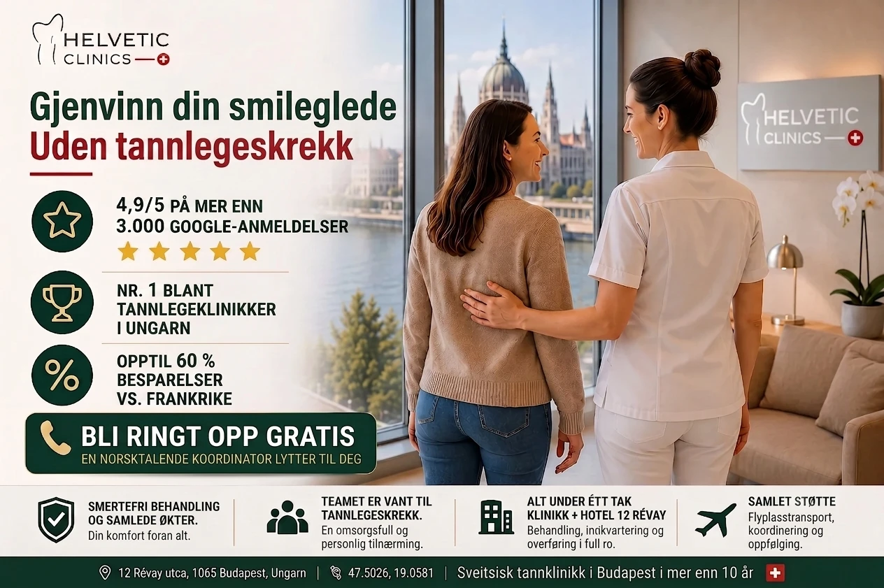 Kampanjebilde for Helvetic Clinics som viser en tannhelsearbeider og en pasient med utsikt mot parlamentet i Budapest. Teksten fremhever smertefri tannbehandling for personer med tannlegeskrekk, 4,9 av 5 stjerner basert på over 3000 Google-anmeldelser, opptil 60 % besparelse sammenlignet med Frankrike, og en alt-i-ett-løsning med klinikk og hotell under samme tak.