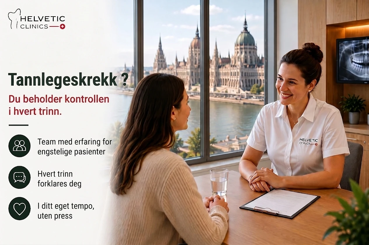 Konsultasjon for tannlegeskrekk hos Helvetic Clinics i Budapest. En vennlig tannlege og pasient i samtale med fokus på trygg, stressfri tannbehandling hvor hvert trinn forklares i pasientens tempo.