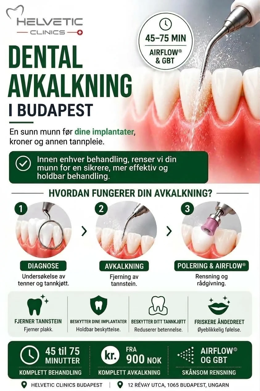 Infografikk som forklarer tannrens, fjerning av tannstein og Airflow-behandling hos Helvetic Clinics Budapest.